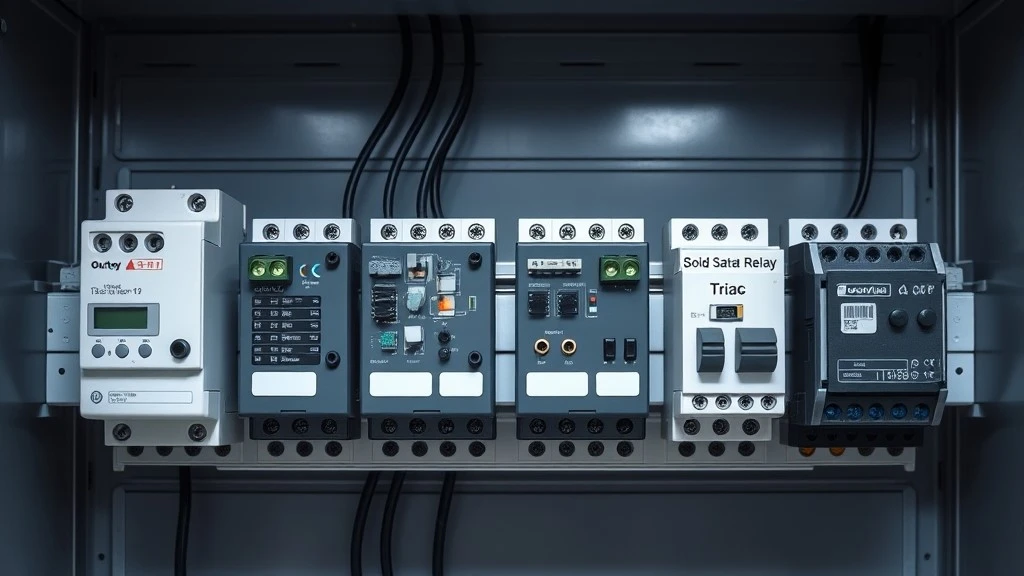 Four PLC output module types mounted side by side on a DIN rail inside an industrial control cabinet, from left to right relay, transistor, triac, and solid state relay modules