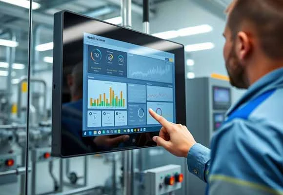 Operator using a touchscreen HMI showing graphical process dashboards in a bright control room wmpage05-Production2.webp